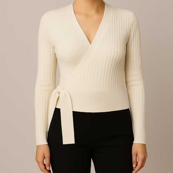 BTFBM Wrap V-Neck Cropped Sweater White Ribbed Knit Long Sleeve Women’s L - Picture 1 of 16